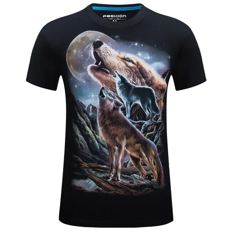 Black t-shirt featuring a graphic of three howling wolves under a full moon and starry night sky
