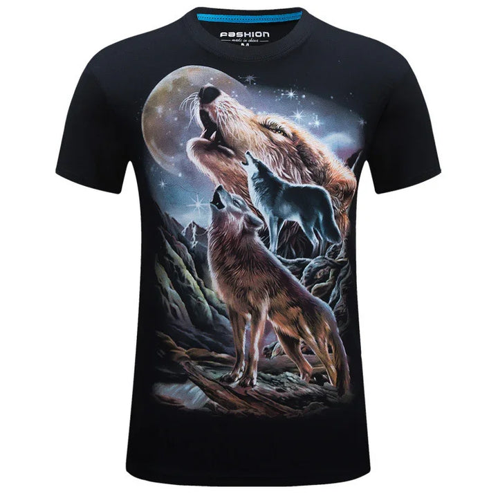 Black t-shirt featuring a graphic design of three howling wolves with a full moon and starry night background