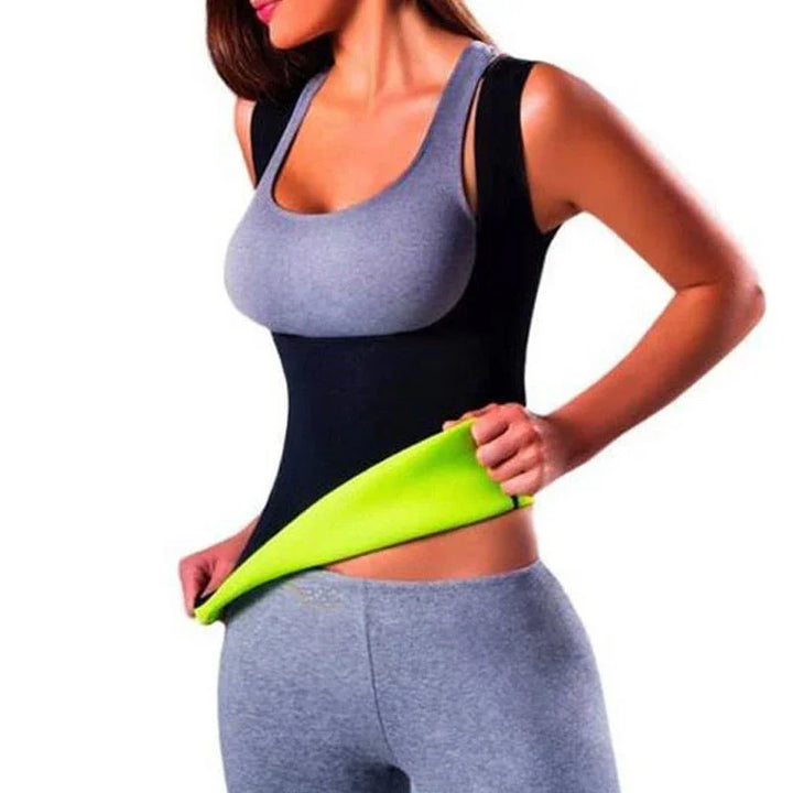 Woman wearing grey workout clothes and a black neoprene waist trainer for fitness