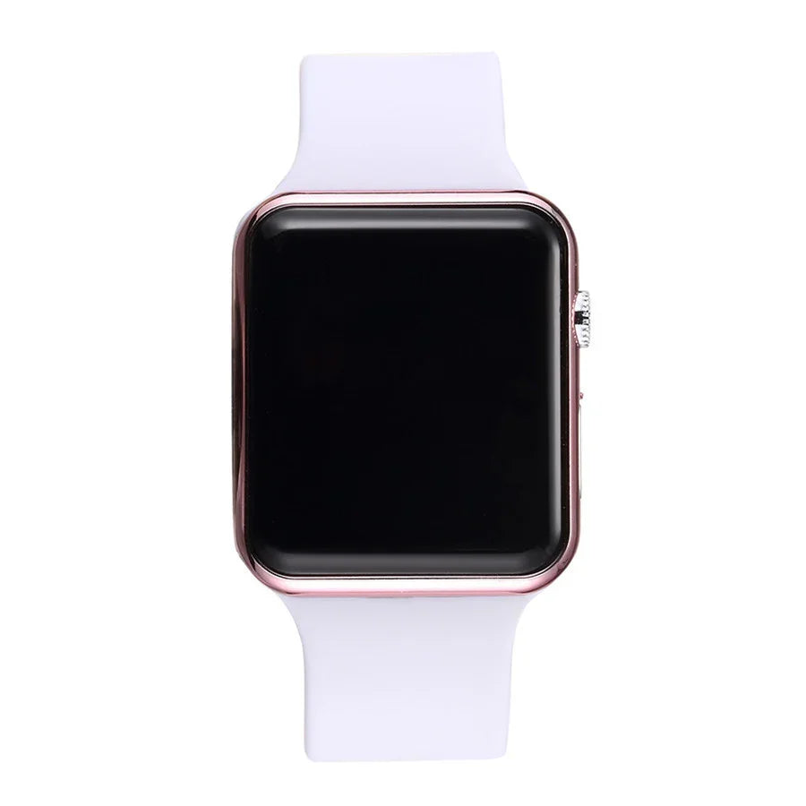 smartwatch with white silicone band and rose gold casing on white background