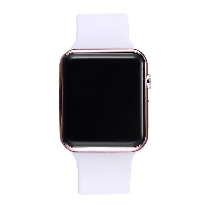 smartwatch with white silicone band and rose gold casing on white background
