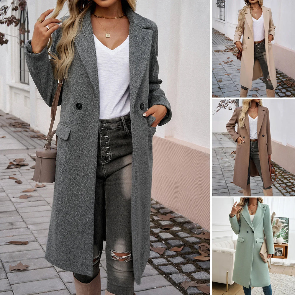 Women modeling stylish long wool coats in gray, beige, brown, and mint colors with casual outfits