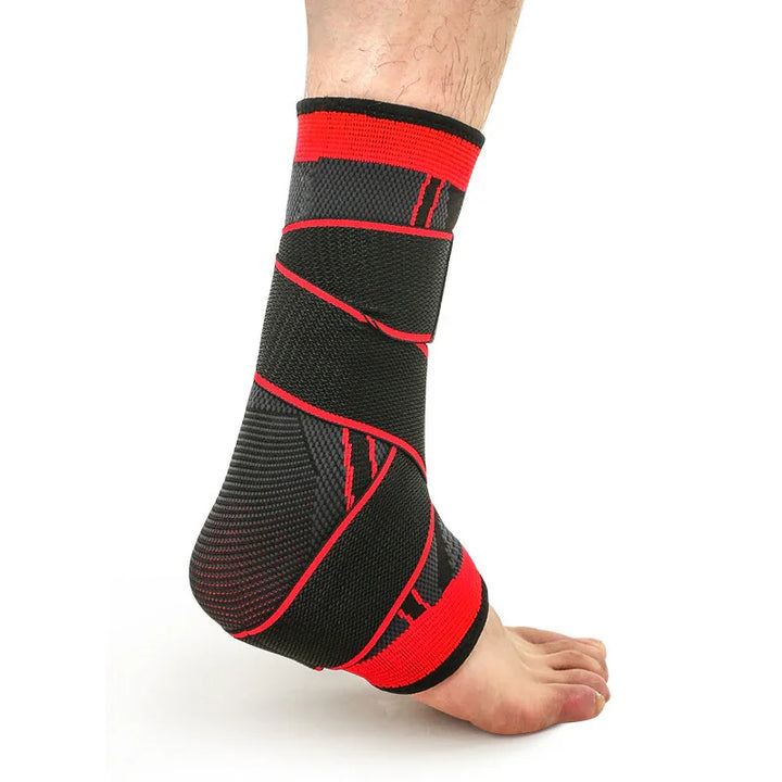 Black and red ankle compression sleeve for support and injury recovery on a bare foot