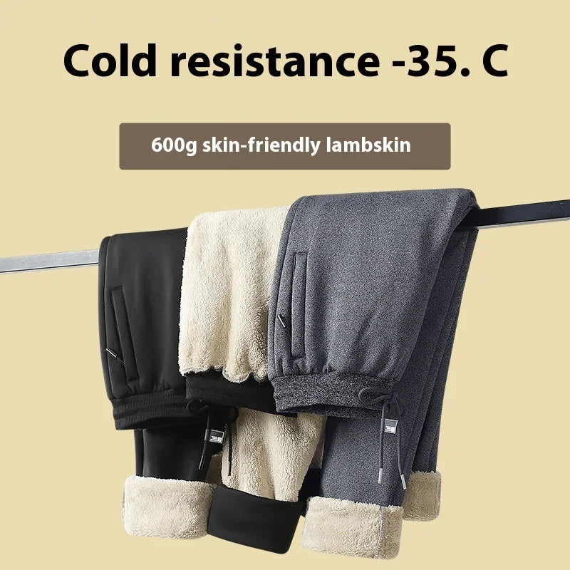 Warm lambskin fleece-lined pants in black, cream, and gray, hanging on a rail, cold resistance -35°C