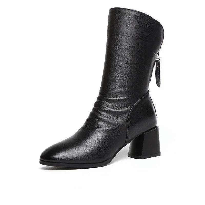 black leather mid-calf women's boots with block heels and back zipper detail