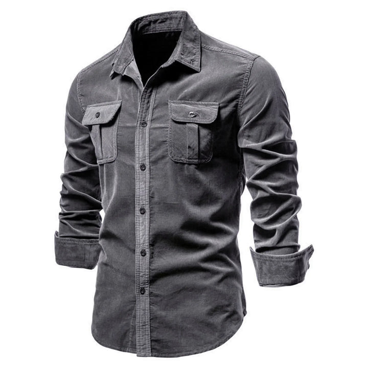 Men's grey long-sleeve button-up shirt with flap chest pockets and rolled cuffs