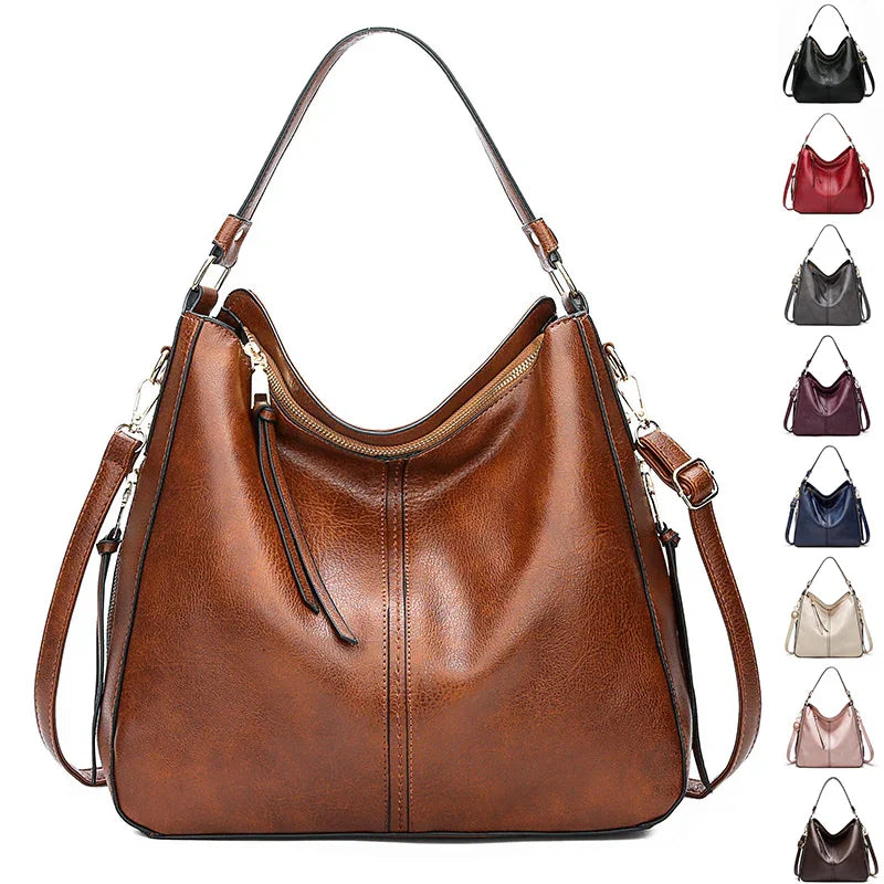 brown leather hobo handbag with adjustable strap and zipper detail, shown with 8 color options
