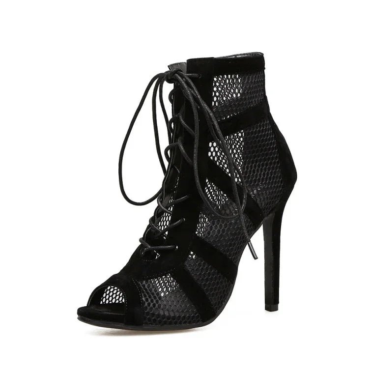 Black high heel mesh ankle boot with lace-up front and open toe design