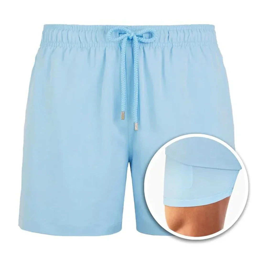 Light blue men's swim shorts with elastic waistband and drawstring, inner lining detail