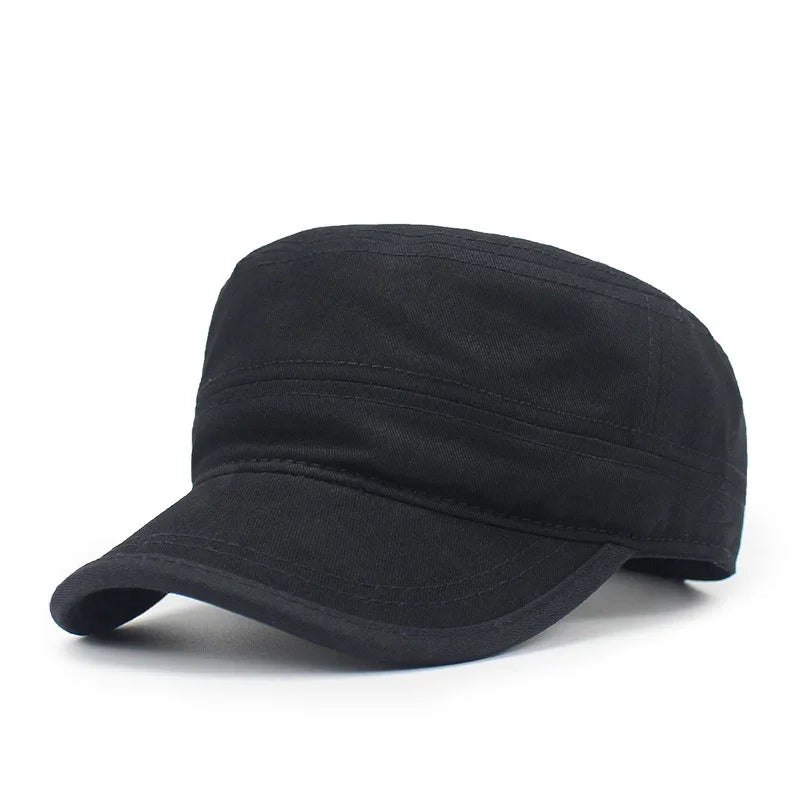 Black military-style cap with curved brim on white background