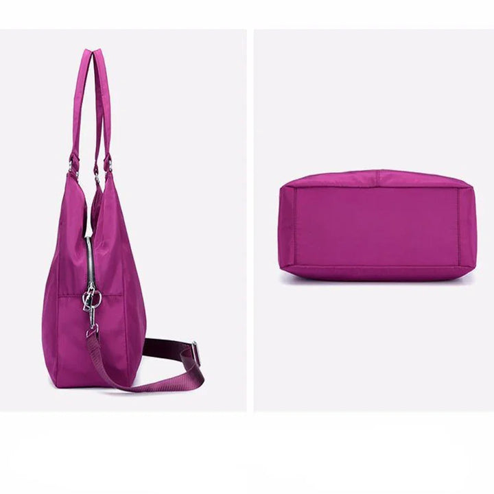 Purple nylon shoulder bag with adjustable strap shown from side and bottom views