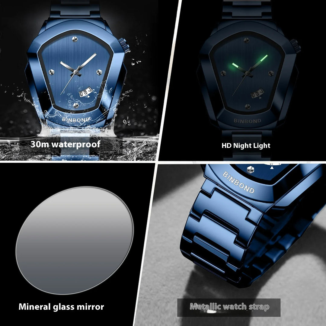 Blue BINBOND watch with 30m waterproof, HD night light, mineral glass, and metallic strap