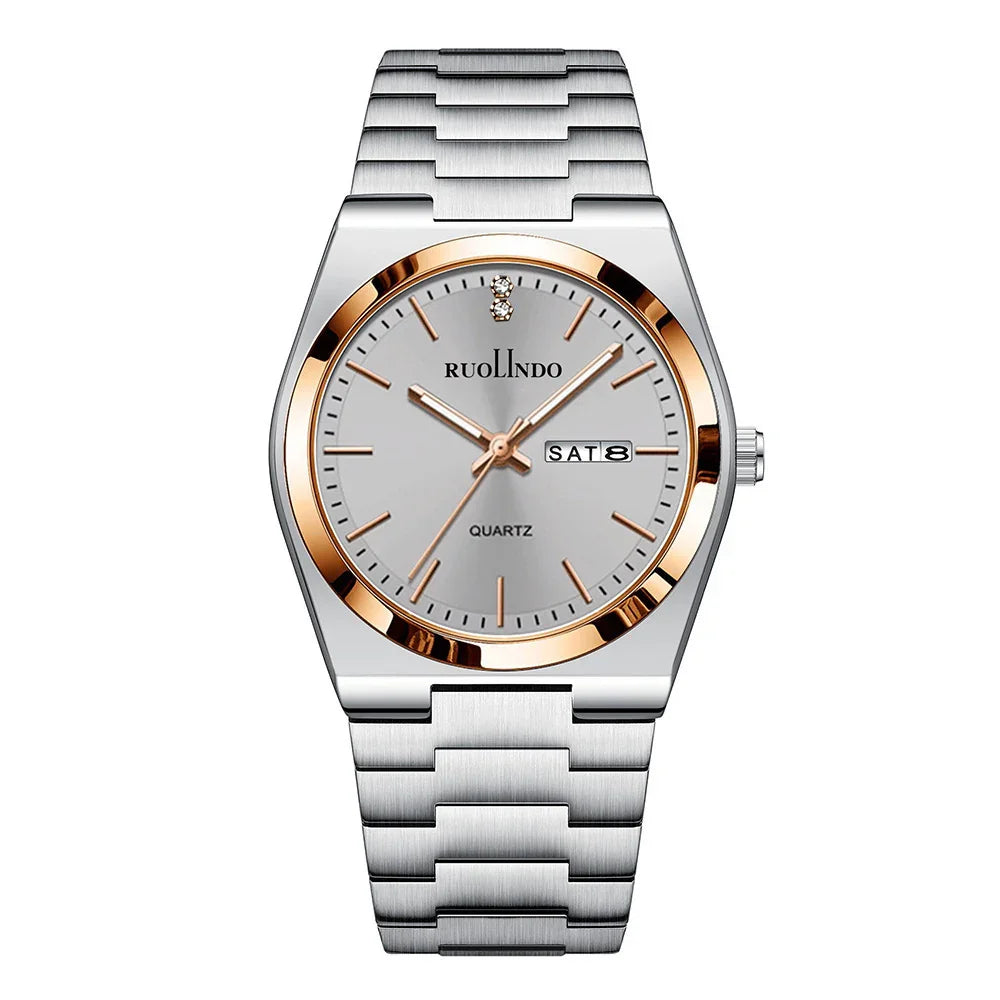 RUOLINDO men's quartz wristwatch with silver dial, rose gold bezel, date display, and stainless steel band
