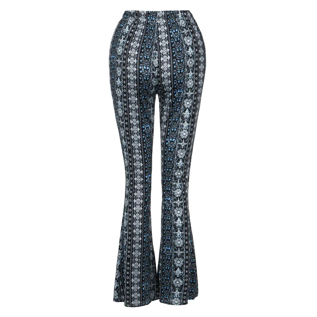 High-waisted flared pants with blue and white vertical floral stripes on black background