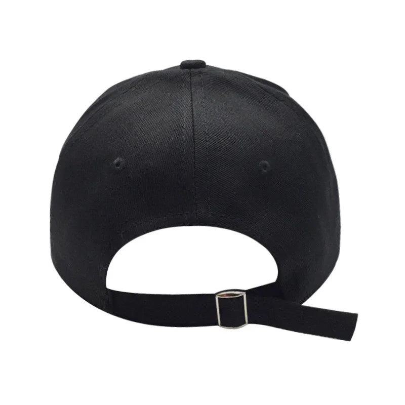 Back view of a black adjustable baseball cap with metal buckle strap on white background
