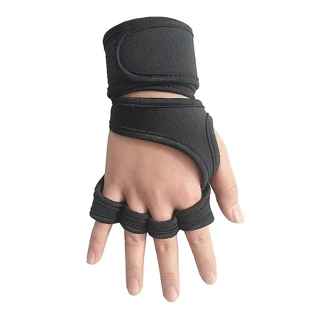 Hand wearing black fingerless wrist support brace with adjustable straps on white background