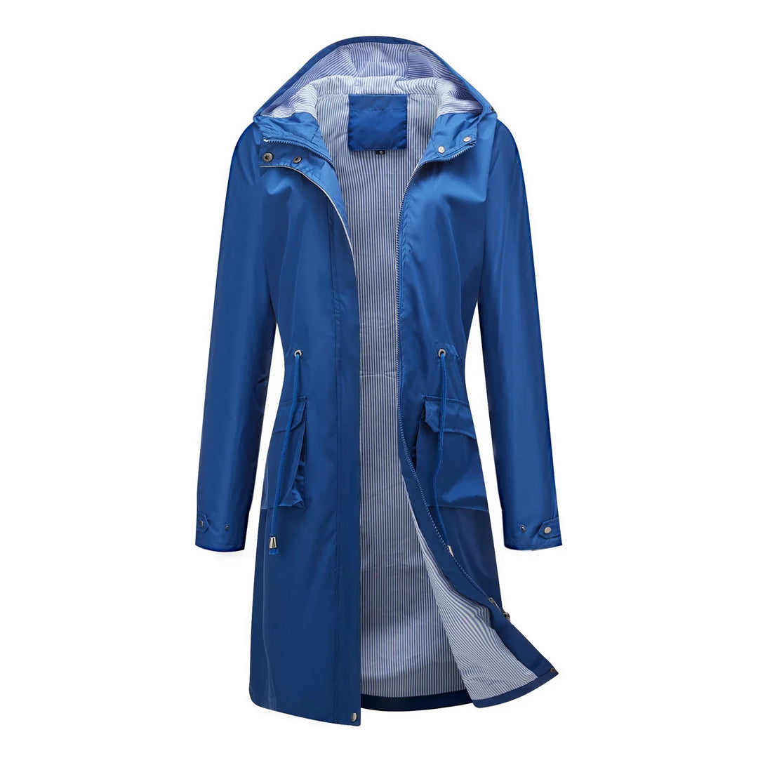 Blue long raincoat with hood and striped inner lining, front zipper, and drawstring waist