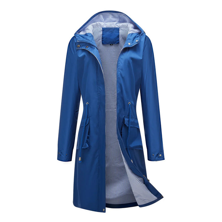 Blue long raincoat with hood and striped inner lining, front zipper, and drawstring waist