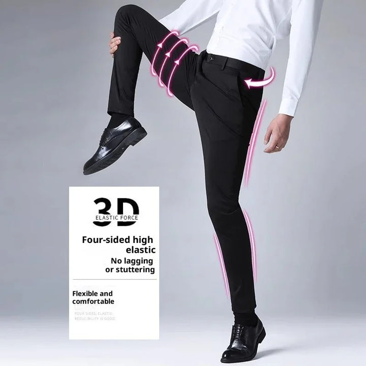 Man wearing black 3D elastic four-sided high elastic pants with pink arrows showing flexibility and comfort