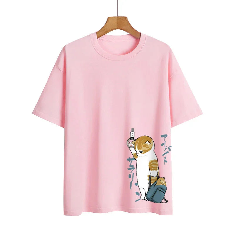 Pink T-shirt with cute cat holding a strap and a hamster in a blue backpack graphic design