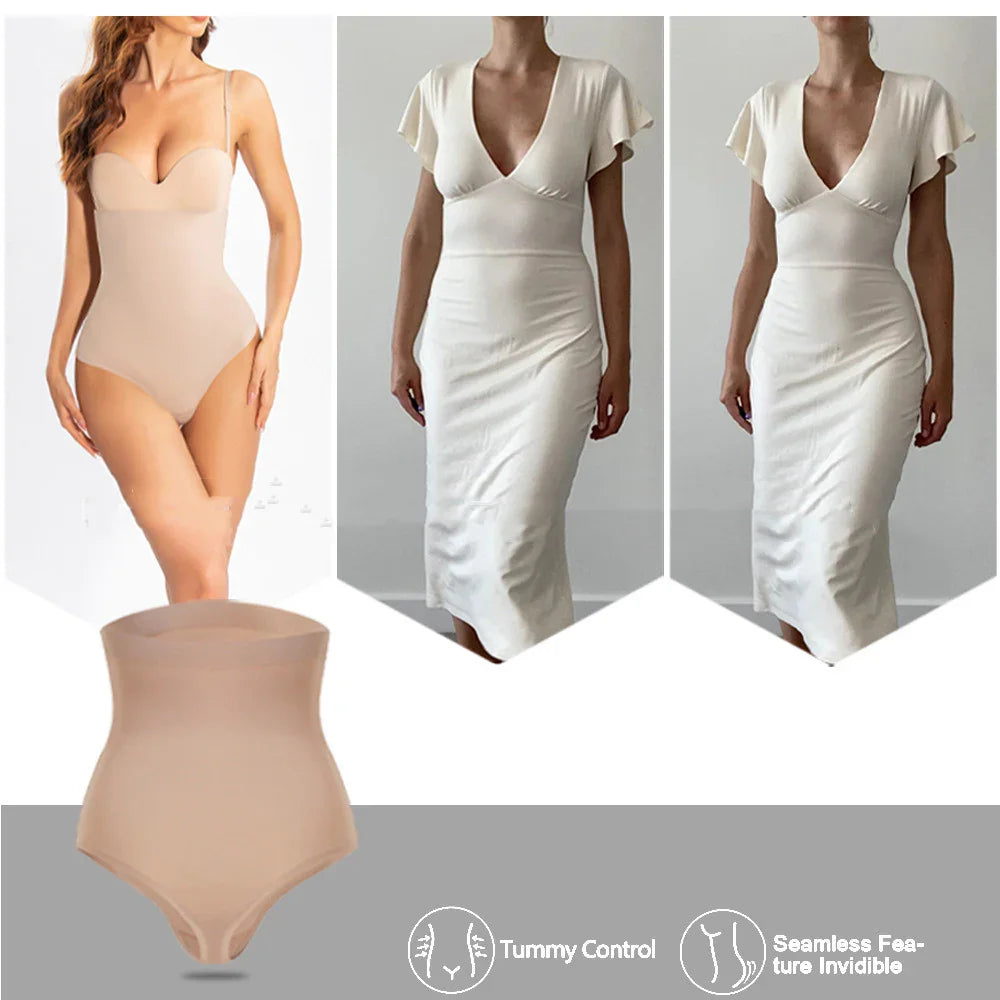 Beige seamless tummy control shapewear bodysuit and smooth white bodycon dress with deep v-neck