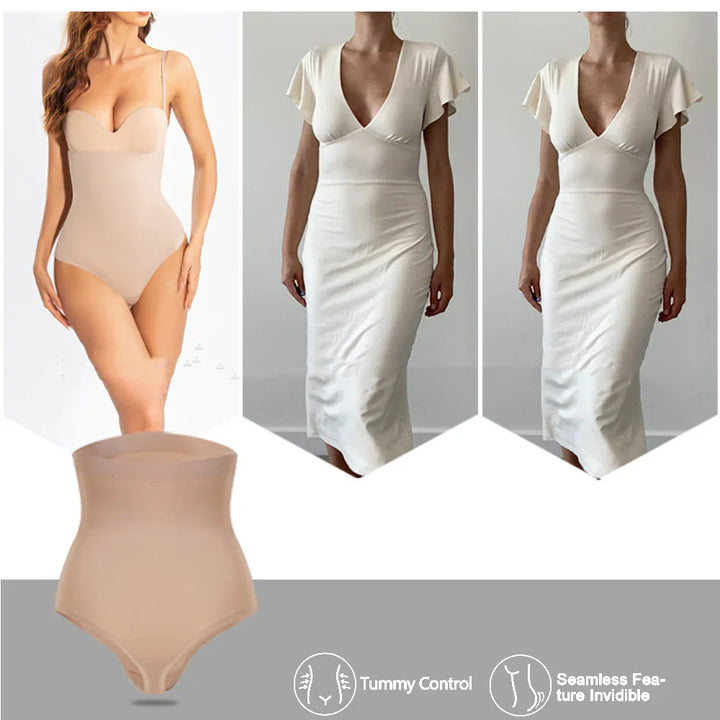 Beige seamless tummy control shapewear bodysuit and smooth white bodycon dress with deep v-neck