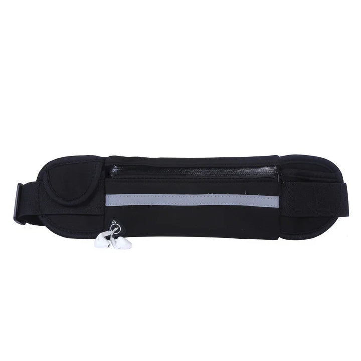 Black running belt with zipper pocket and reflective strip, designed to hold earphones and essentials