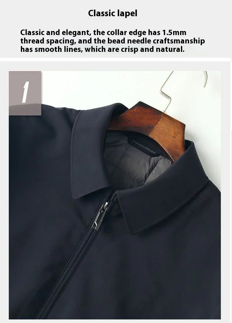 Close-up of a black classic lapel jacket with smooth collar and zipper on wooden hanger