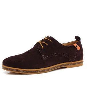 Brown suede men's casual lace-up shoe with tan sole and orange tag detail
