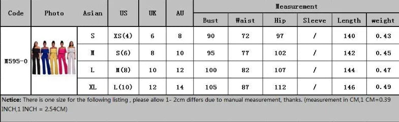 Size chart for women's jumpsuits with bust, waist, hip measurements in Asian, US, UK, and AU sizes