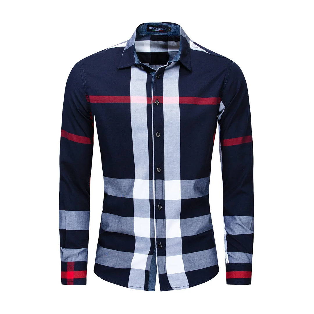 Men's long sleeve button-up shirt with navy, white, gray, and red plaid pattern