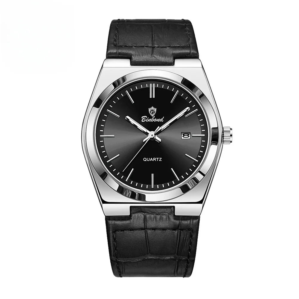 Binbond men's black leather strap black dial quartz watch with silver case and date display