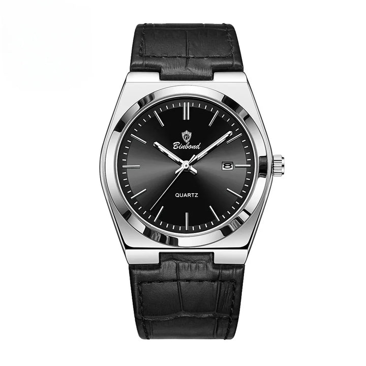Binbond men's black leather strap black dial quartz watch with silver case and date display