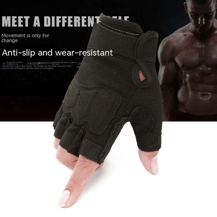Black anti-slip, wear-resistant workout glove on hand with muscular man and motivational text background