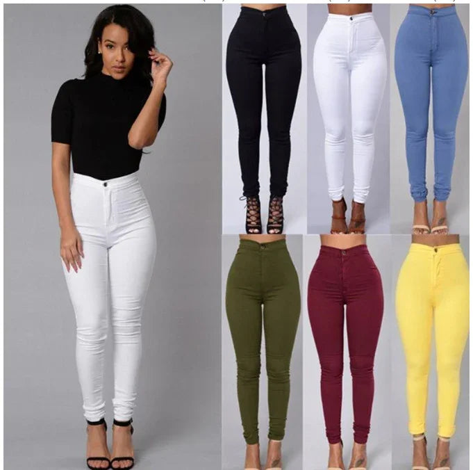High-waisted skinny jeans in black, white, blue, olive, maroon, and yellow modeled by women