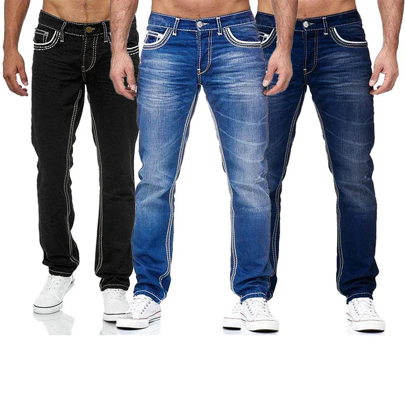 Men wearing slim-fit jeans in black, light blue, and dark blue with contrast stitching and white sneakers
