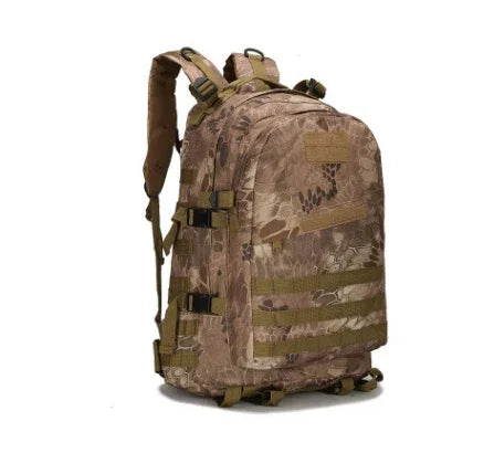 brown camouflage tactical backpack with multiple straps and buckles, durable military-style design