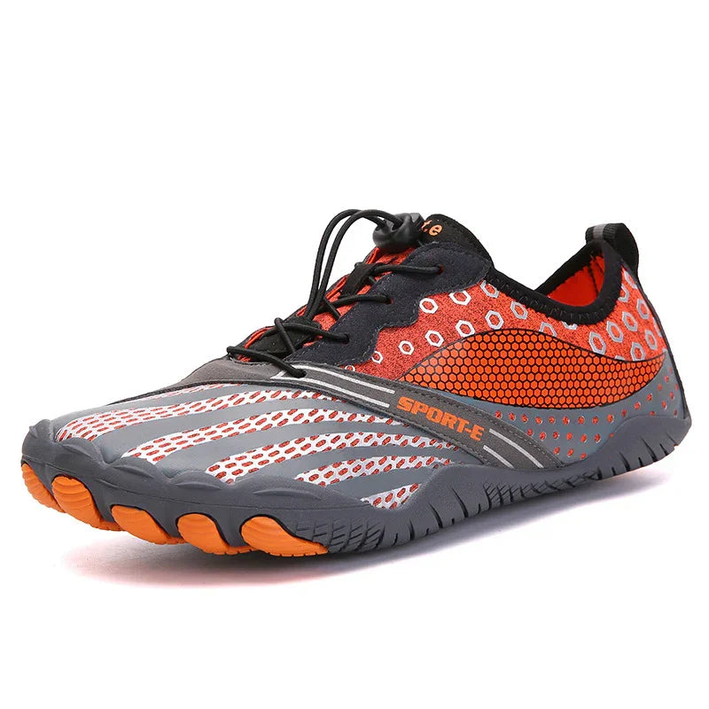 Lightweight orange and gray water shoes with black laces, breathable mesh, and flexible soles