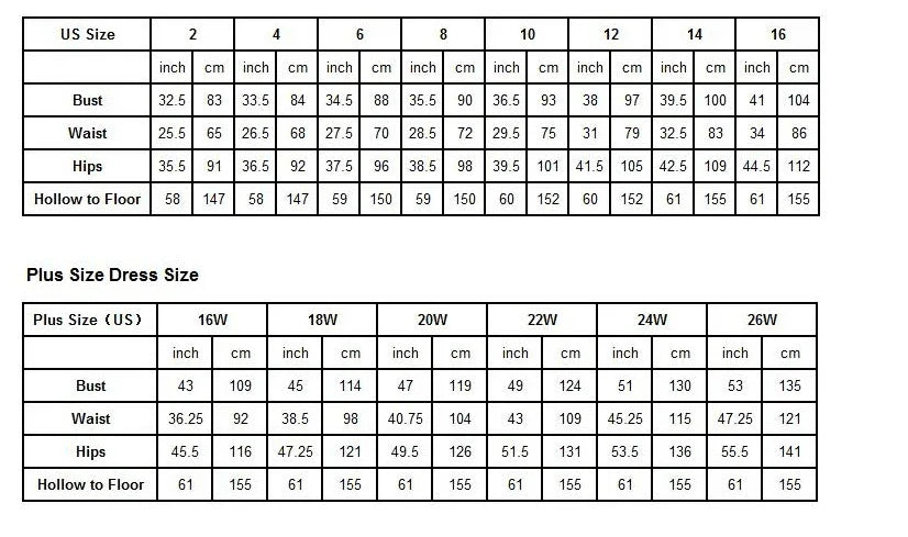 US and plus size dress size chart with bust, waist, hips, and hollow to floor measurements in inches and centimeters