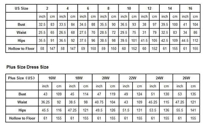 US and plus size dress size chart with bust, waist, hips, and hollow to floor measurements in inches and centimeters