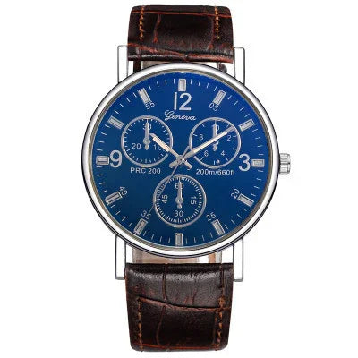 Geneva men's wristwatch with blue dial, silver case, brown leather strap, and chronograph features