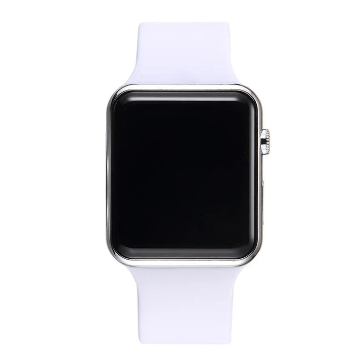Smartwatch with black screen and white silicone band isolated on white background