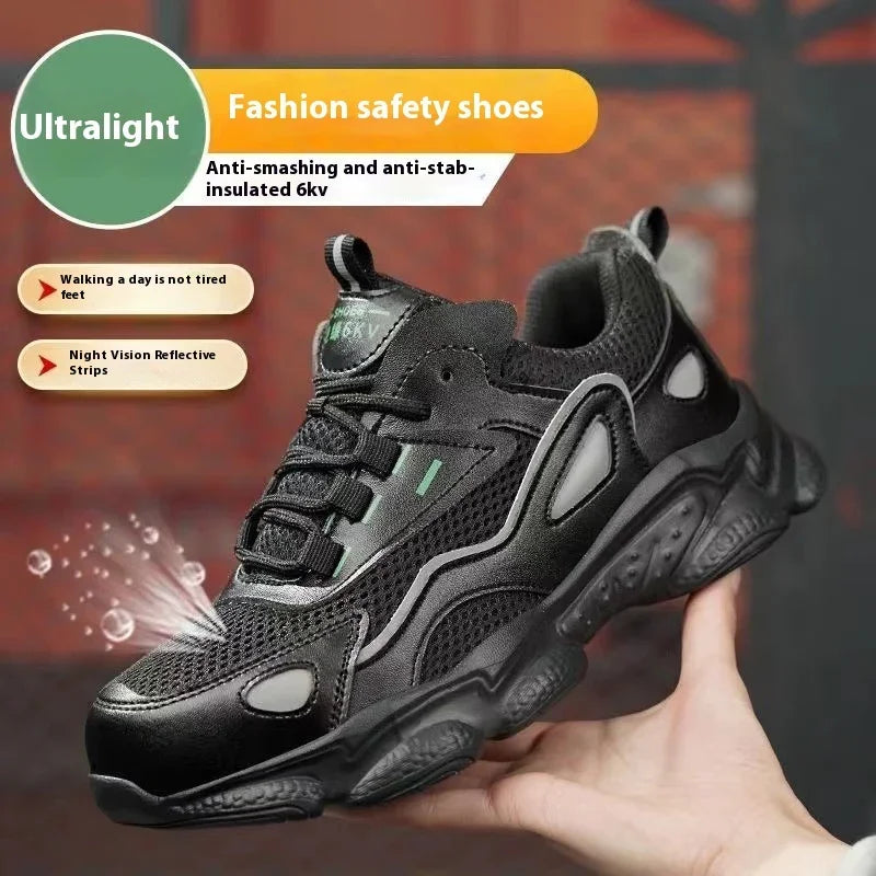 Ultralight black fashion safety shoe with anti-smashing, anti-stab insulation, and night vision reflective strips