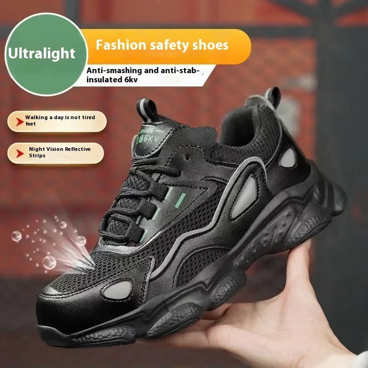 Ultralight black fashion safety shoe with anti-smashing, anti-stab insulation, and night vision reflective strips