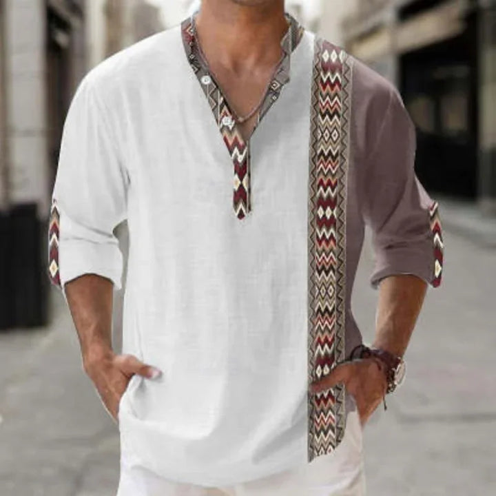 Men's casual shirt with tribal print accents, white and brown color blocked design, three-quarter sleeves