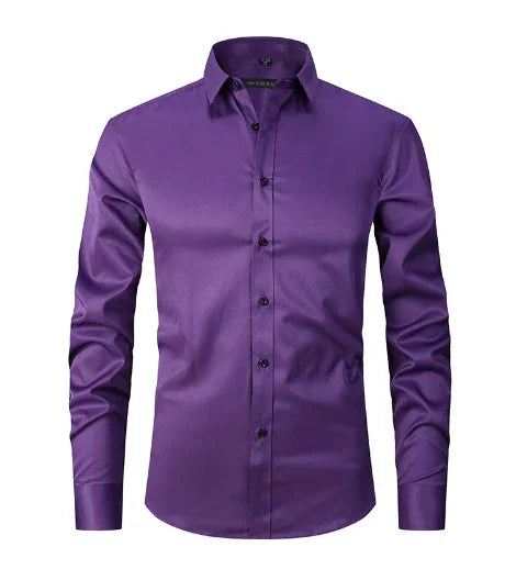 Men's slim fit long sleeve purple dress shirt with black buttons