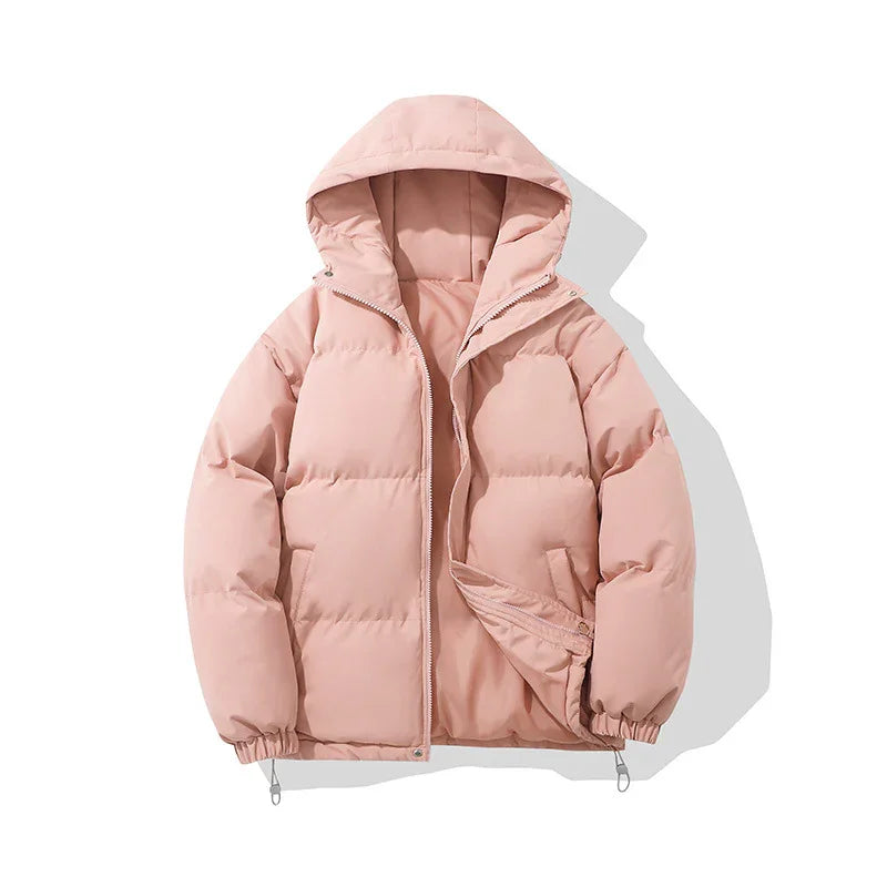 Light pink hooded puffer jacket with front zipper and elastic cuffs on white background