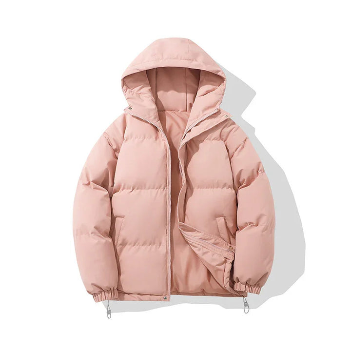 Light pink hooded puffer jacket with front zipper and elastic cuffs on white background