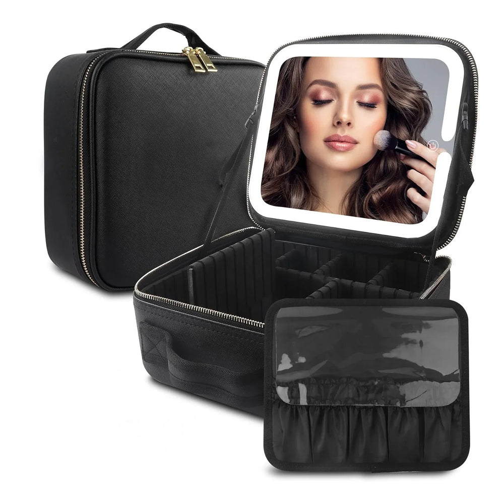 Black makeup storage case with compartments, built-in lighted mirror, and removable organizer pouch