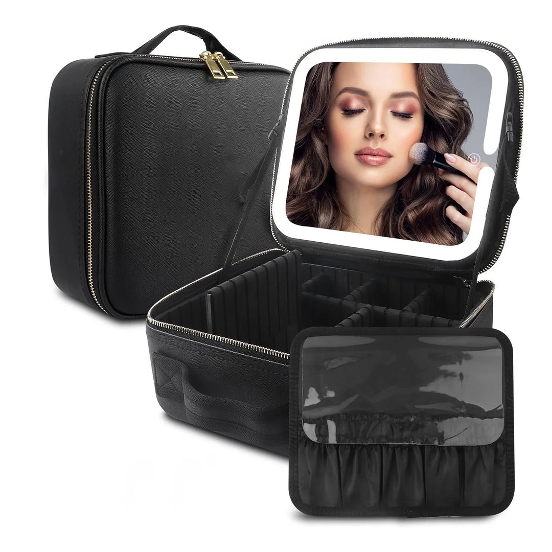 Black makeup storage case with compartments, built-in lighted mirror, and removable organizer pouch